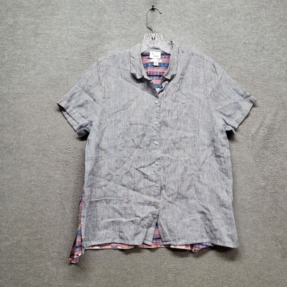 J. Jill Women Button‎ Up Shirt MP Blue Striped Floral Cotton Linen